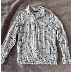 AllSaints White Long Sleeve Button-Up Shirt with Black Line-